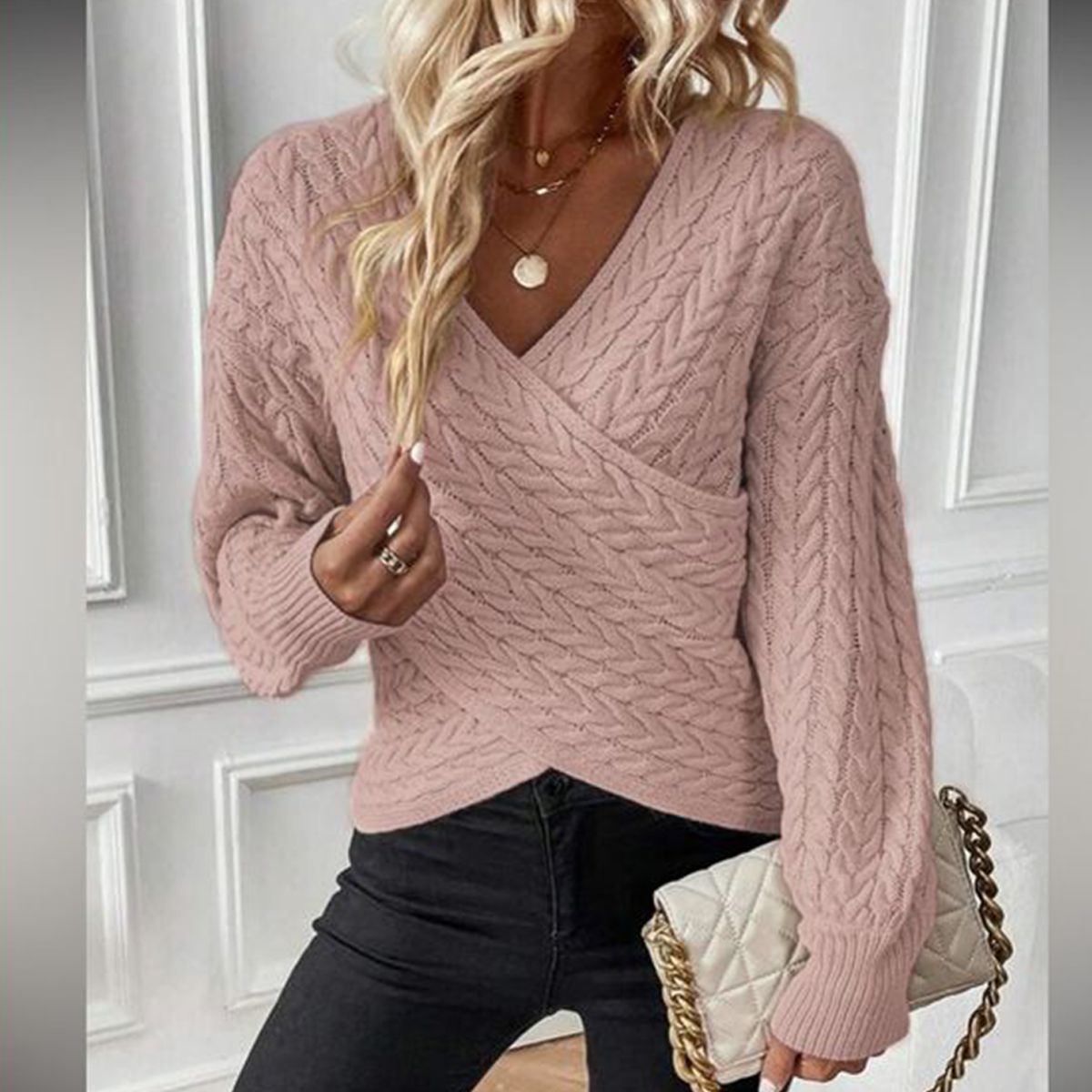 Sweet Pink Plain V-Neck Long Sleeve Sweater