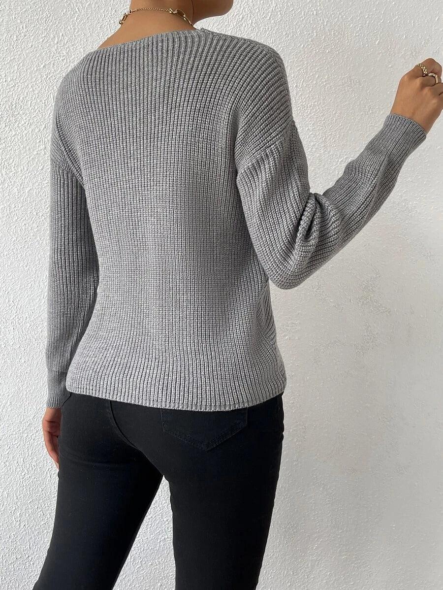 Gray Knit V-Neck Long Sleeve Wrap Sweater