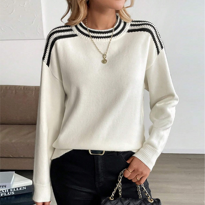Ivory Color Block Round Neck Sweater