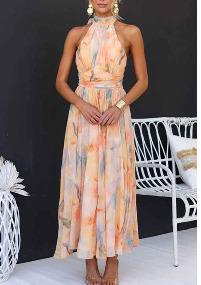 Halter Neck Open Back Fitted Watercolor Print Maxi Dress