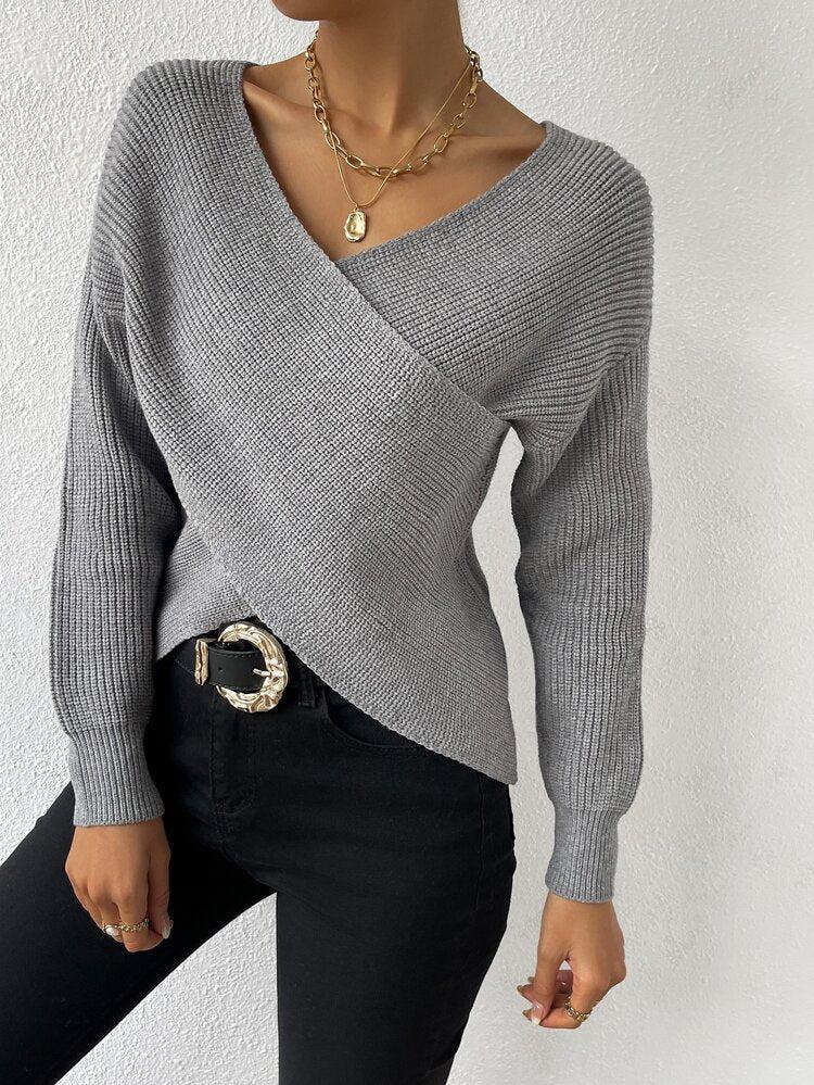 Gray Knit V-Neck Long Sleeve Wrap Sweater