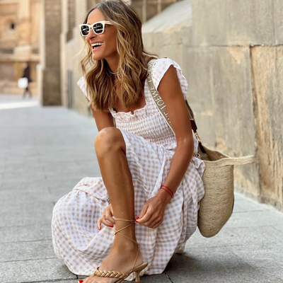 Demi™ | Long dress with ruffled sleeves and checked ruffles