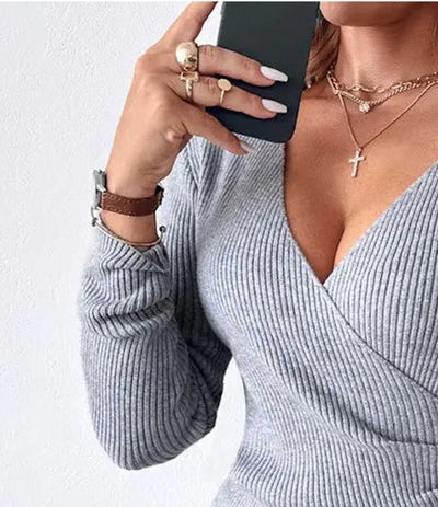 Grey Plain V-Neck Long Sleeve Sweater