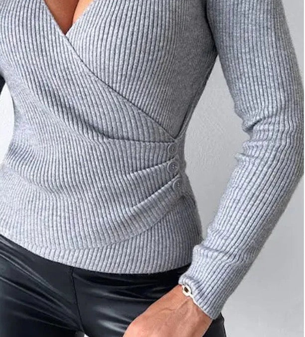 Grey Plain V-Neck Long Sleeve Sweater