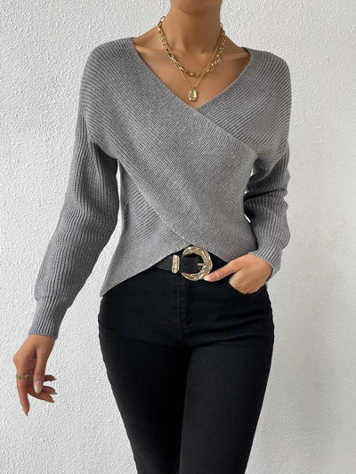 Gray Knit V-Neck Long Sleeve Wrap Sweater
