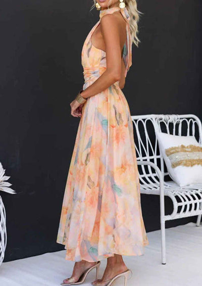Halter Neck Open Back Fitted Watercolor Print Maxi Dress