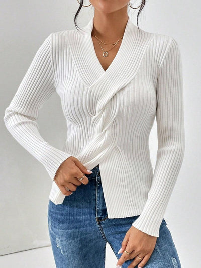 White Plain V-Neck Long Sleeve Sweater