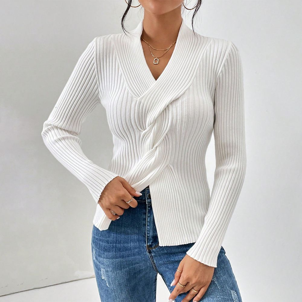 White Plain V-Neck Long Sleeve Sweater