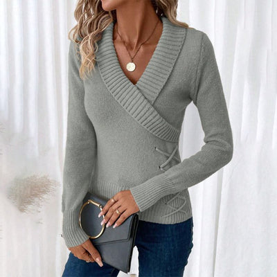 Grey Plain V-Neck Long Sleeve Sweater