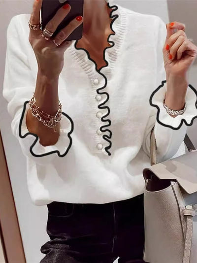Unique Trim V-Neck Long Sleeve Sweater