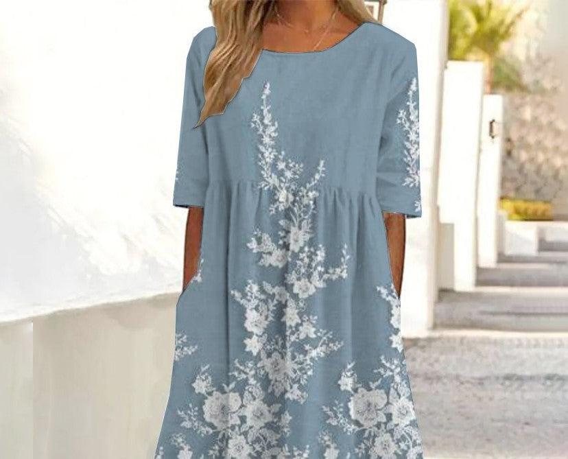 Blue Round Neck Short Sleeve Midi Dress