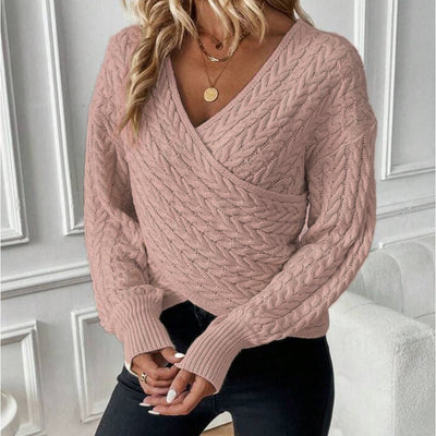 Sweet Pink Plain V-Neck Long Sleeve Sweater