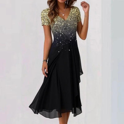 Stunning V-Neck Short Sleeve Midi Dress