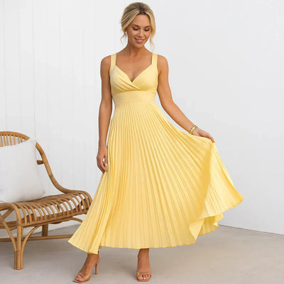 Rosemary™ | Yellow Pleated V-Neck Maxi Dress