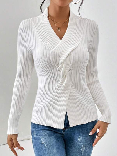 White Plain V-Neck Long Sleeve Sweater