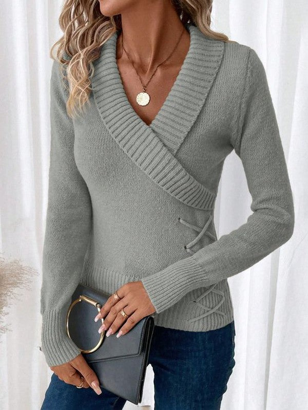 Grey Plain V-Neck Long Sleeve Sweater