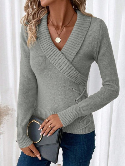 Grey Plain V-Neck Long Sleeve Sweater