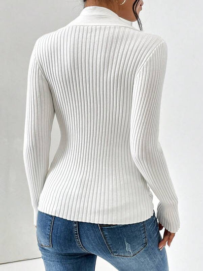 White Plain V-Neck Long Sleeve Sweater