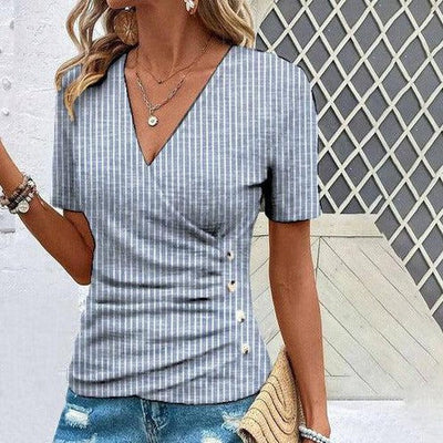 Blue Striped Short Sleeve V-Neck Top