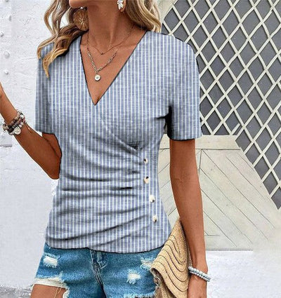 Blue Striped Short Sleeve V-Neck Top