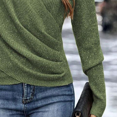 Green Plain V-Neck Long Sleeve Sweater