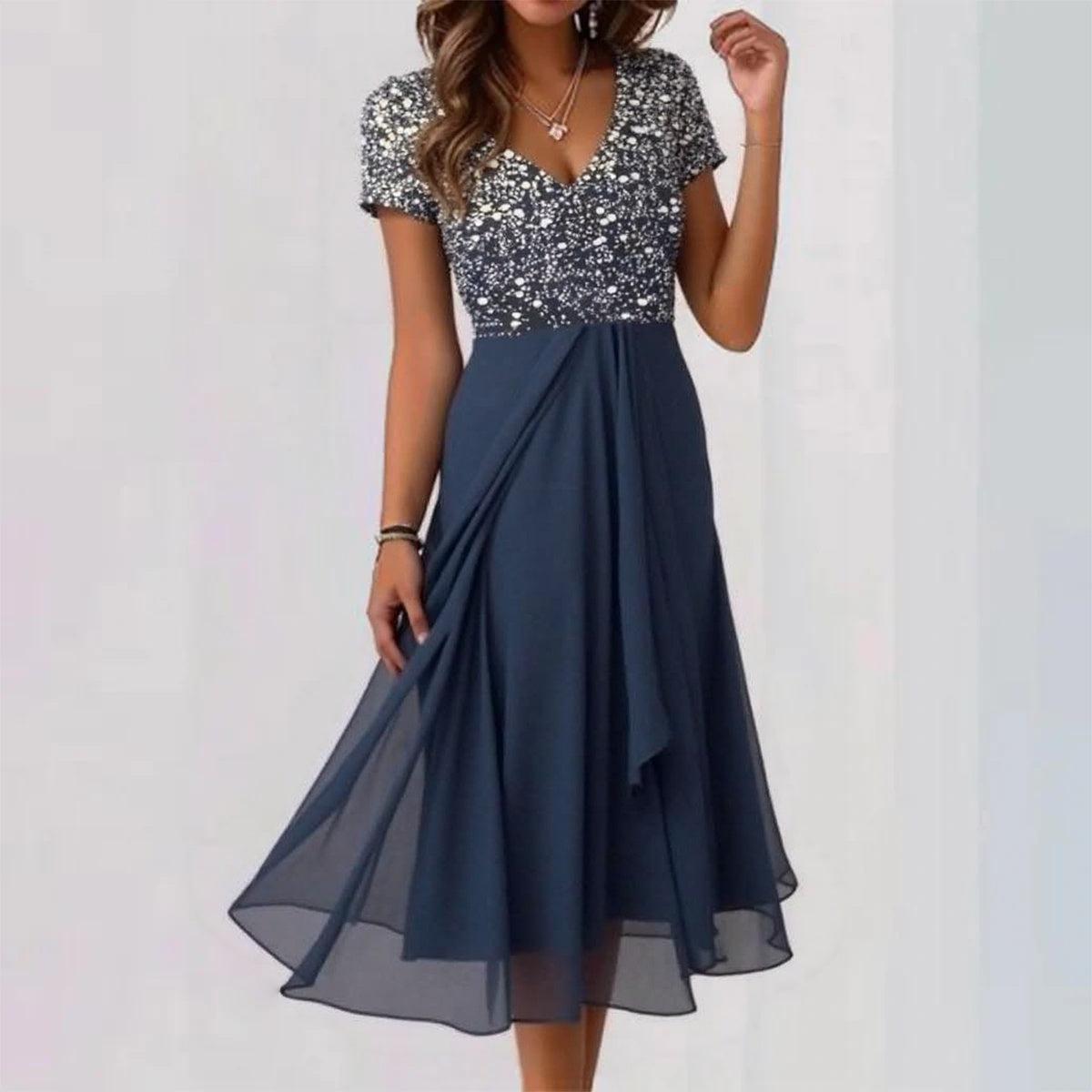 Blue V-Neck Short Sleeve Midi Dress