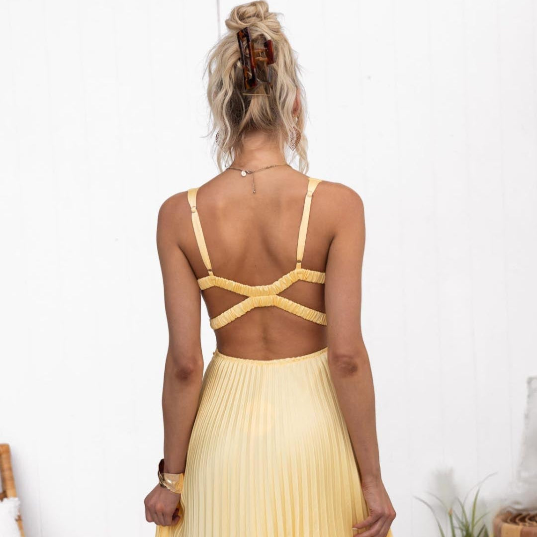 Rosemary™ | Yellow Pleated V-Neck Maxi Dress