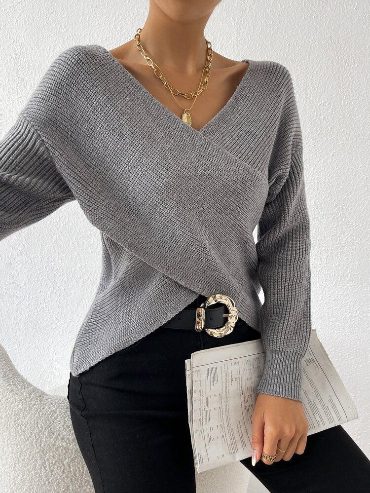 Gray Knit V-Neck Long Sleeve Wrap Sweater