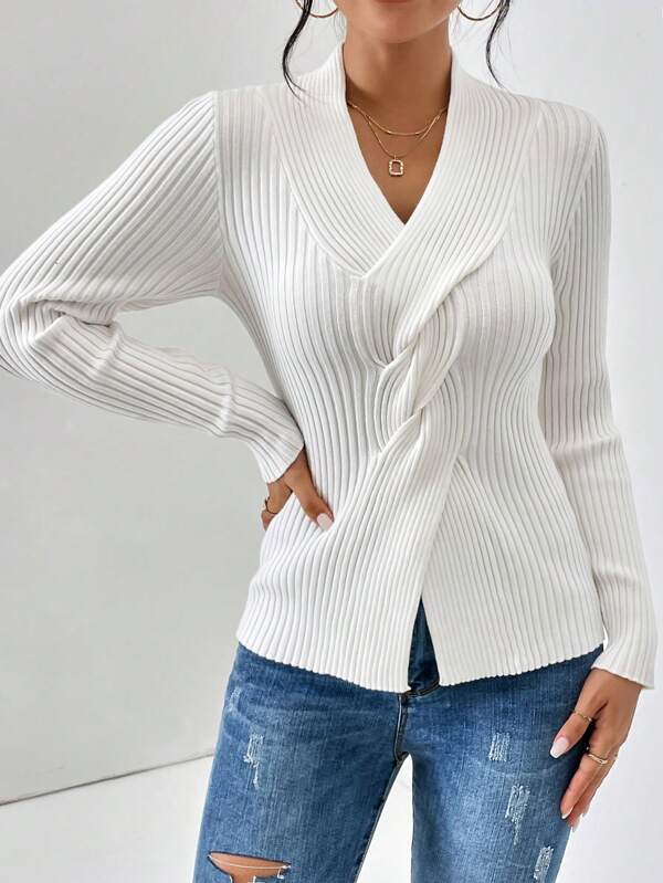 White Plain V-Neck Long Sleeve Sweater