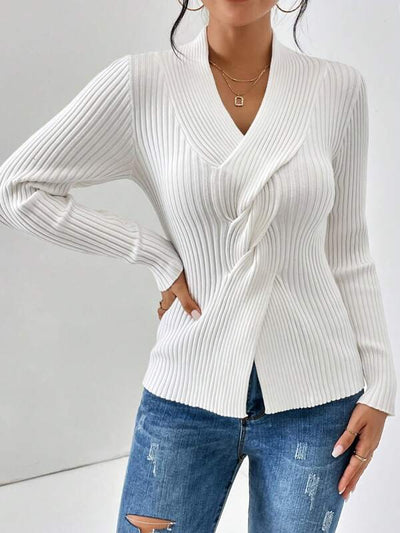 White Plain V-Neck Long Sleeve Sweater