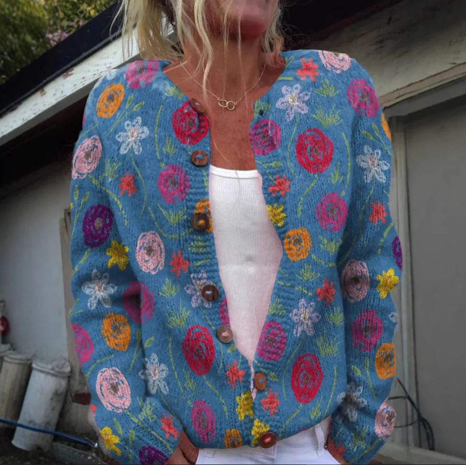 Elara™ | Azure Cardigan with Floral Print