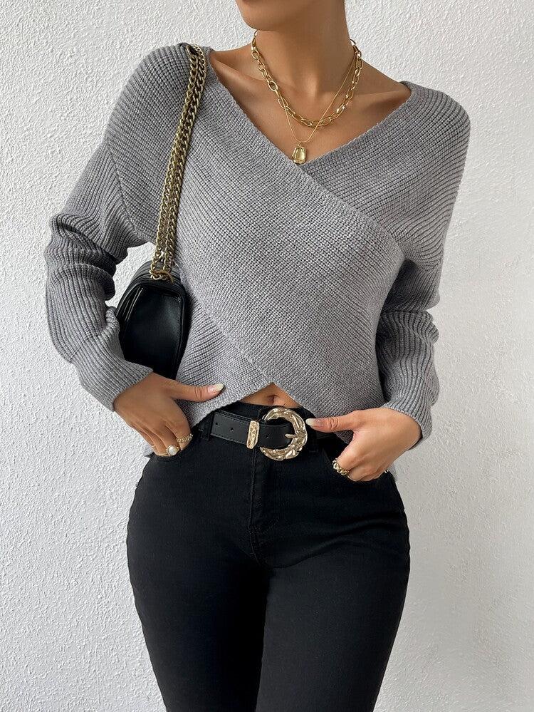 Gray Knit V-Neck Long Sleeve Wrap Sweater