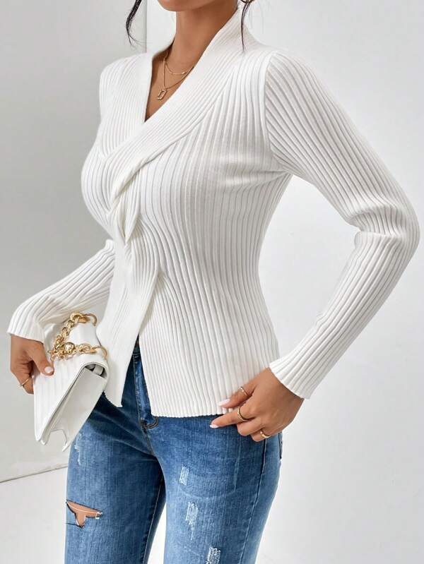 White Plain V-Neck Long Sleeve Sweater