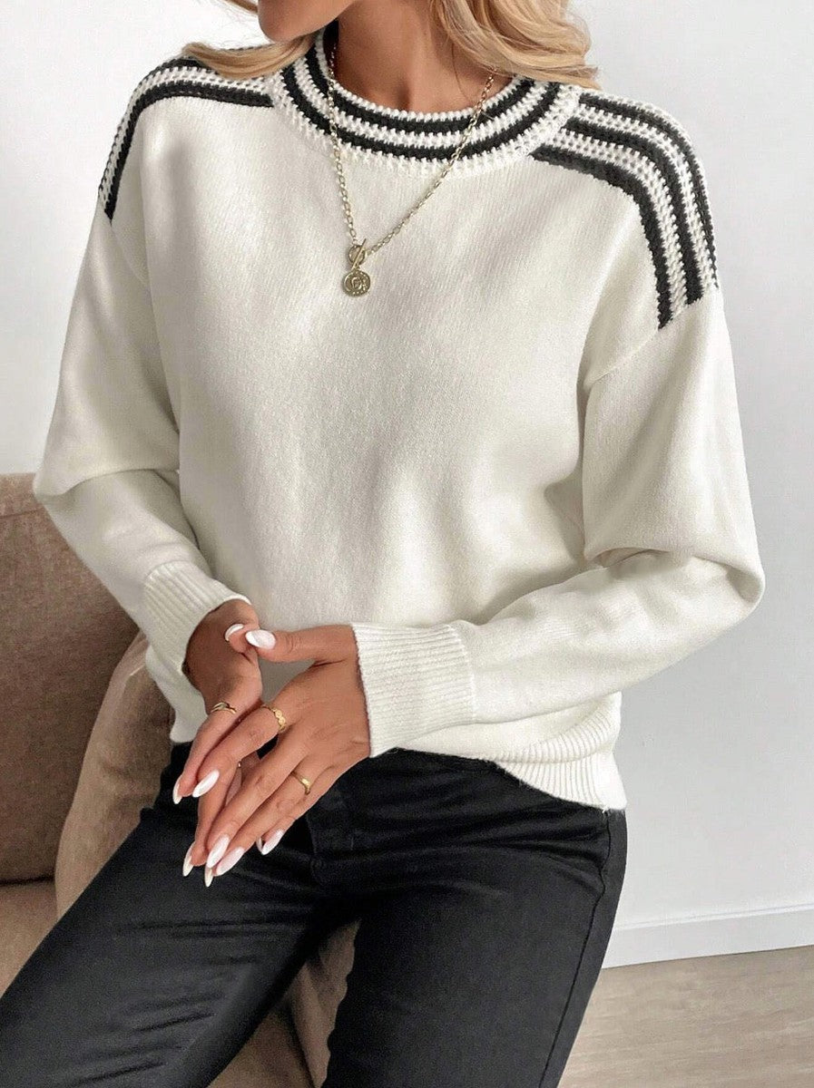 Ivory Color Block Round Neck Sweater