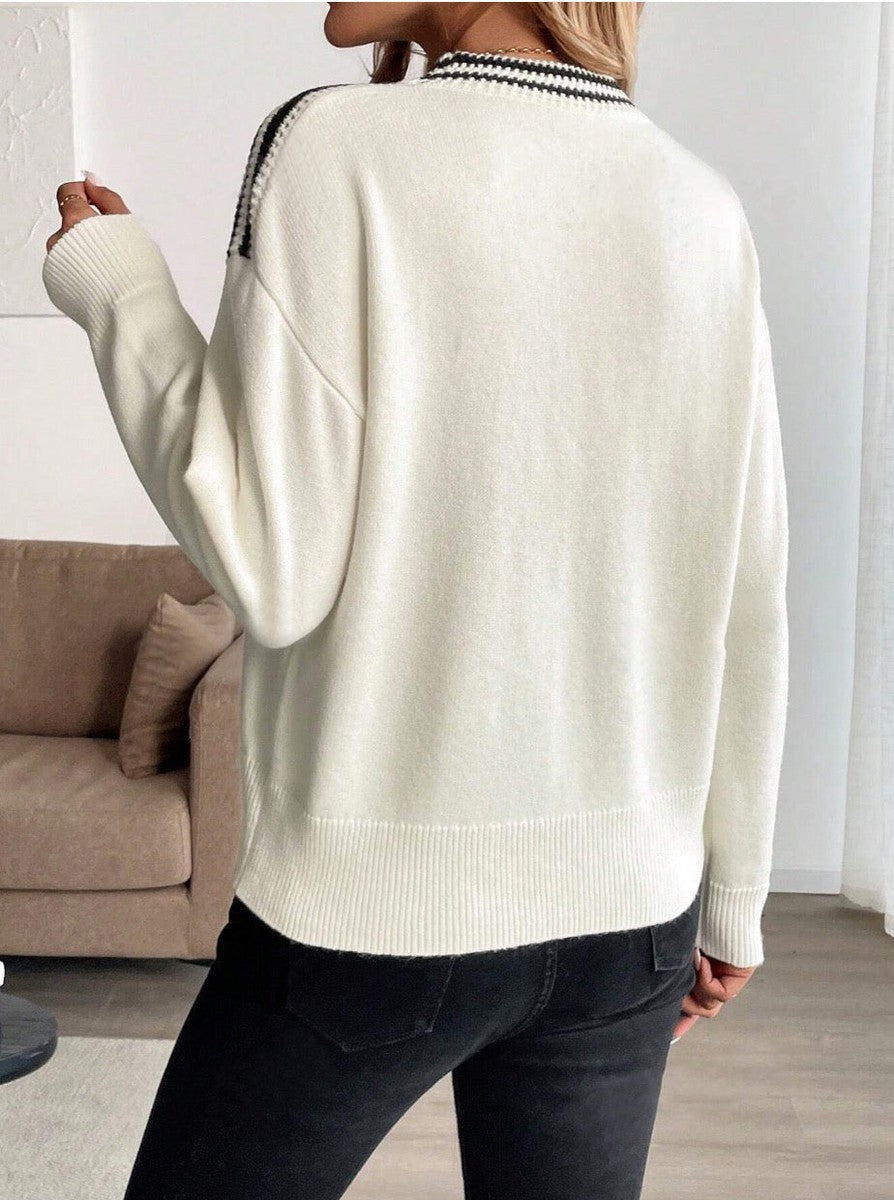 Ivory Color Block Round Neck Sweater
