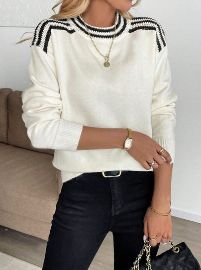 Ivory Color Block Round Neck Sweater