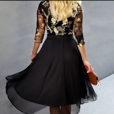 Stylish V-Neck 3/4 Sleeve Midi Dress