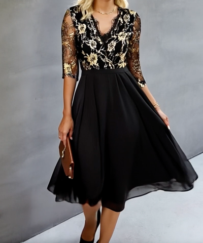 Stylish V-Neck 3/4 Sleeve Midi Dress