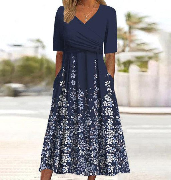 Navy Short Sleeve Side Pocket Midi Dress