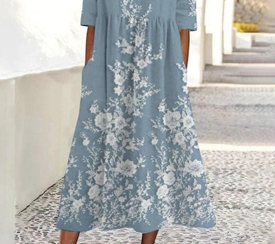 Blue Round Neck Short Sleeve Midi Dress